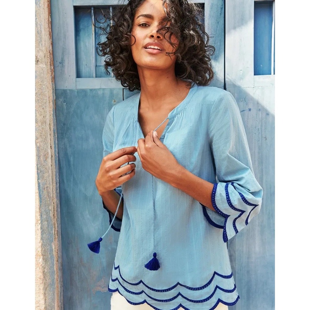 Boden Willa Flowy Peasant Blue Tassel Scalloped Hem Lined Top Boho Flirty Sz 6‎